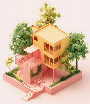 黄色墙面粉红色楼梯的极简主义住宅