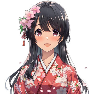 穿着和服的动漫女孩，头戴樱花