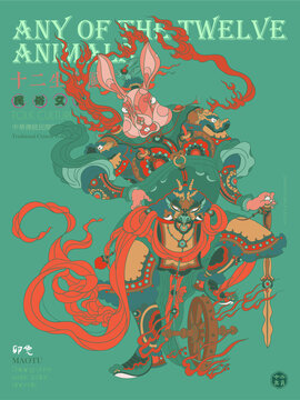 兔年十二生肖属相年画国潮插画