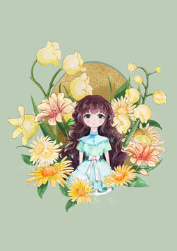 水彩植物女孩