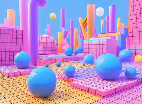 几何图形和蓝色球体构成的抽象3D城市景观