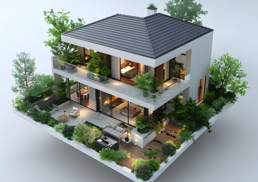 一栋带花园的现代两层住宅的3D渲染图