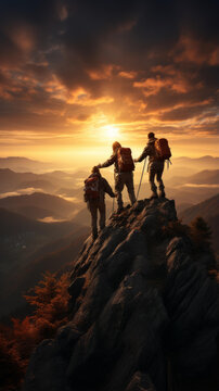 三个登山者在日出时登上山顶