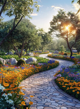 夕阳下鲜花盛开的花园小路
