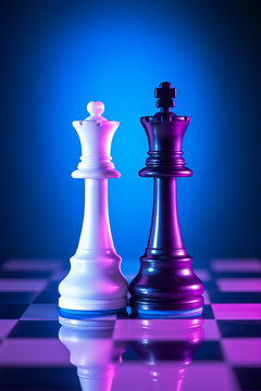 黑白国际象棋棋子在蓝紫色灯光下的棋盘上