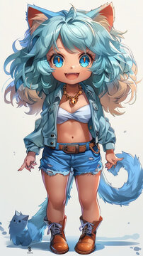 一个戴着短款上衣和牛仔短裤的猫娘的插图