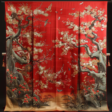 一幅红色和金色的日本纺织品，上面有樱花和鸟的图案