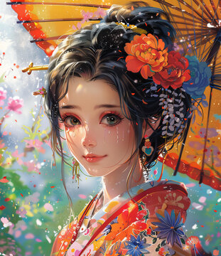 一个美丽的日本女孩穿着和服，撑着伞，站在一片花海中。