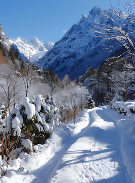 冬季白雪皑皑的雪山公路