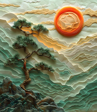 纸艺山水风景画，绿色的山峰和太阳
