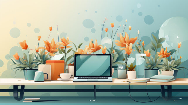 鲜花绿植环绕的工作区
