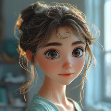 一个棕色头发和棕色眼睛的美丽女孩插图