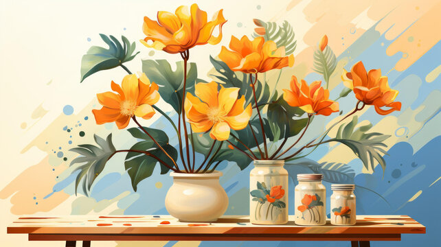 橙色花卉静物画
