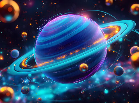 充满活力的彩色星球环绕数字