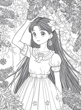 美丽的女孩站在花朵和圣诞树旁的