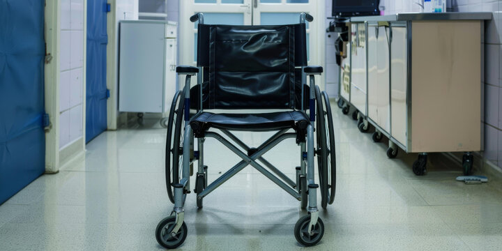 医院走廊里的一辆空轮椅