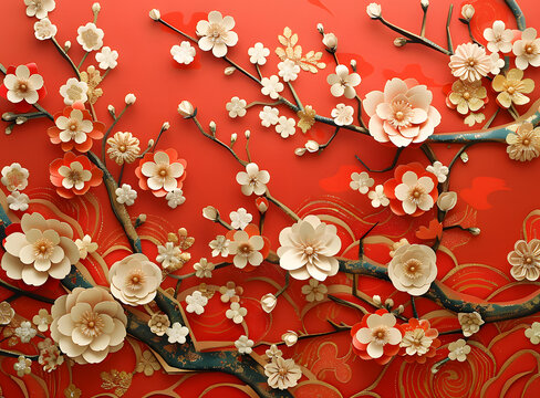 中国风剪纸花朵红色背景图