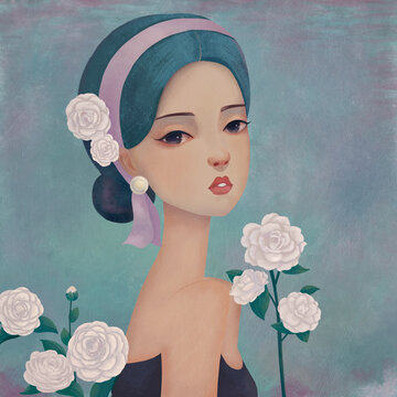 头戴茶花的茶花女复古肖像画