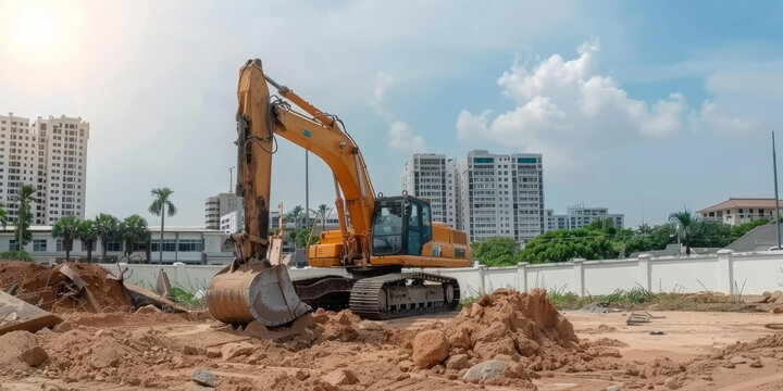 城市住宅楼施工现场挖掘机作业