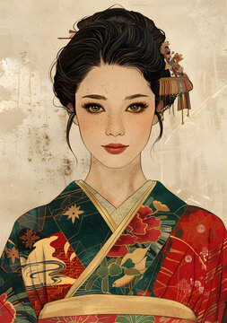 身穿和服的美丽日本女人的肖像