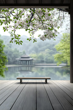 中国传统庭院木质长凳风景
