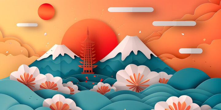 夕阳下的富士山和樱花