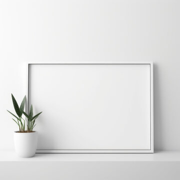 带盆栽植物的白色相框模型