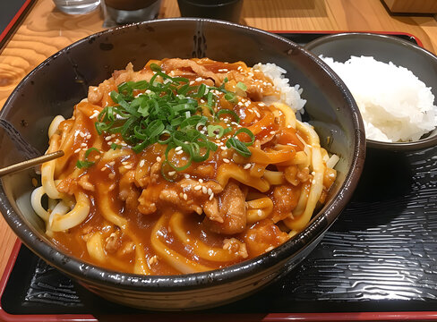 一碗日式乌冬面配肉和芝麻