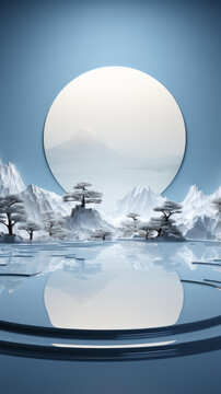 蓝白山水画群山树木与一扇圆窗