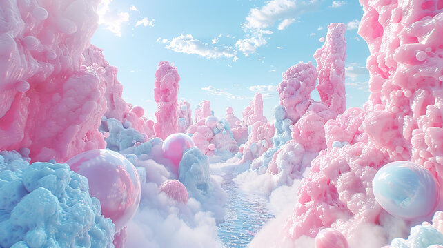 梦幻般的粉蓝色风景河水穿流其中
