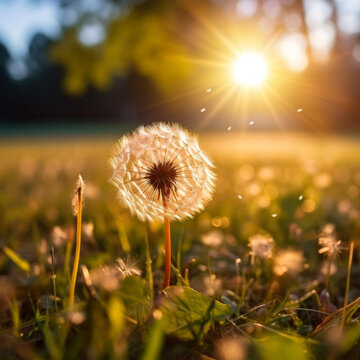 夕阳下蒲公英种子随风飘舞