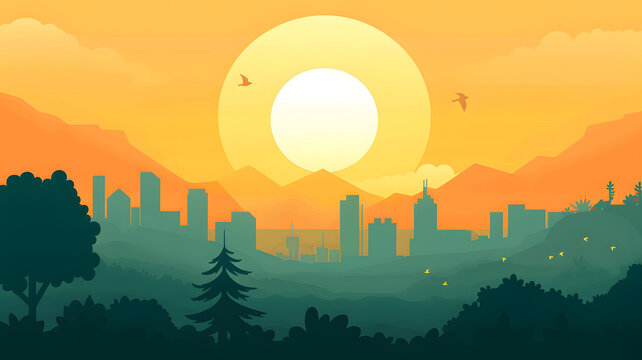 夕阳下城市天际线剪影，山脉与森林