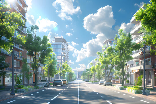 街道两旁有树木和建筑物的街道