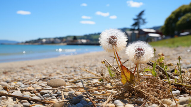 海滩上的蒲公英在随风飘舞