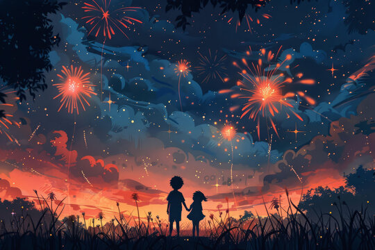 夜晚男孩女孩一起看烟花