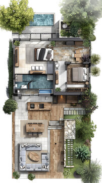 鸟瞰一栋三层现代住宅的平面图，包括屋顶露台、游泳池和带家具的内部