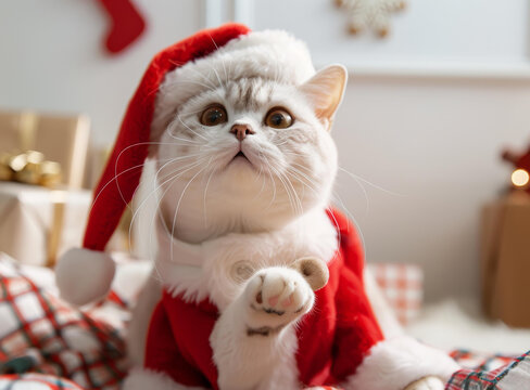 一只戴着圣诞帽的可爱猫咪坐在圣诞树前