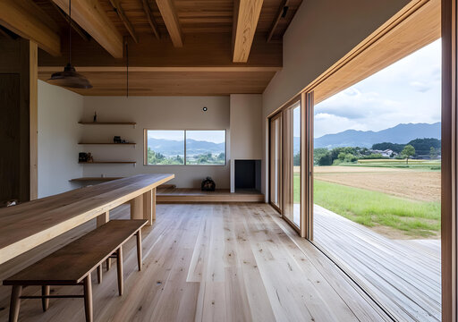 现代日式房屋室内设计，木质元素与山景