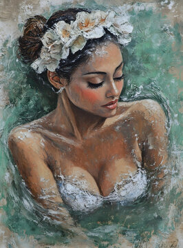 绿水花环女子肖像画