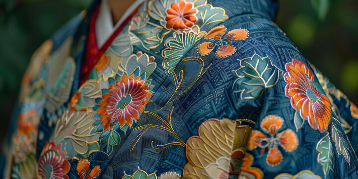 一件绣有花卉图案的和服的特写