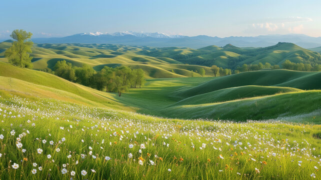 山峰白雪，绿坡野花