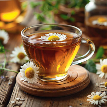 一杯甘菊茶与新鲜甘菊花