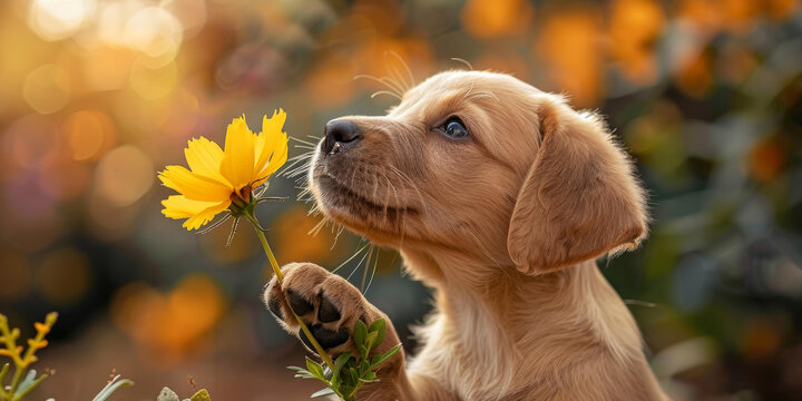 一只可爱的金毛猎犬幼犬在嗅一朵黄色的雏菊