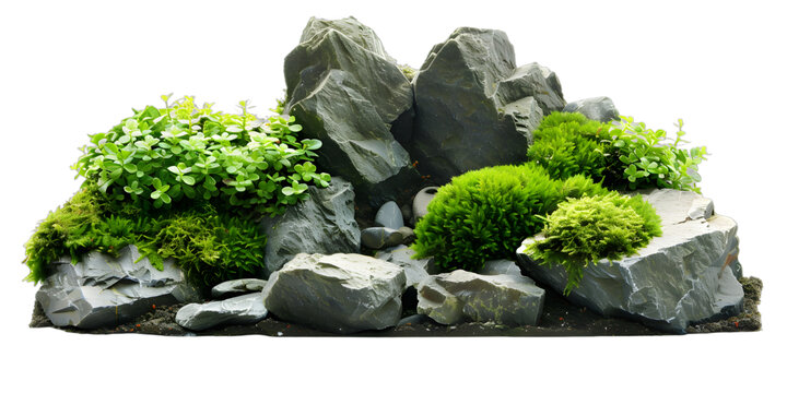 [免抠素材]白色背景上的绿色苔藓和石头