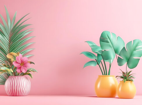 粉色背景墙上的绿色植物