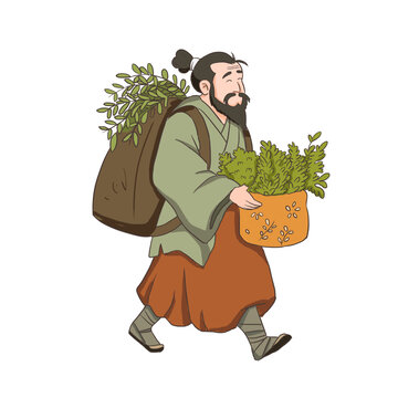 手绘卡通古人采药免抠元素