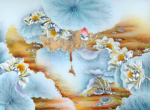 工艺玻璃背景墙花开富贵