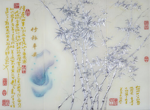 抽象工艺玻璃背景墙竹报平安