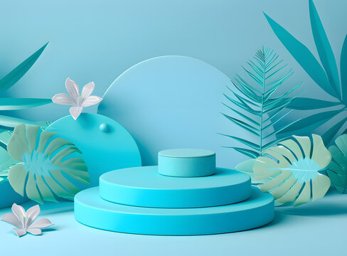 蓝色简约3D渲染圆形产品展示台