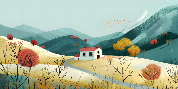 秋季山峦与白色小屋的田园风景